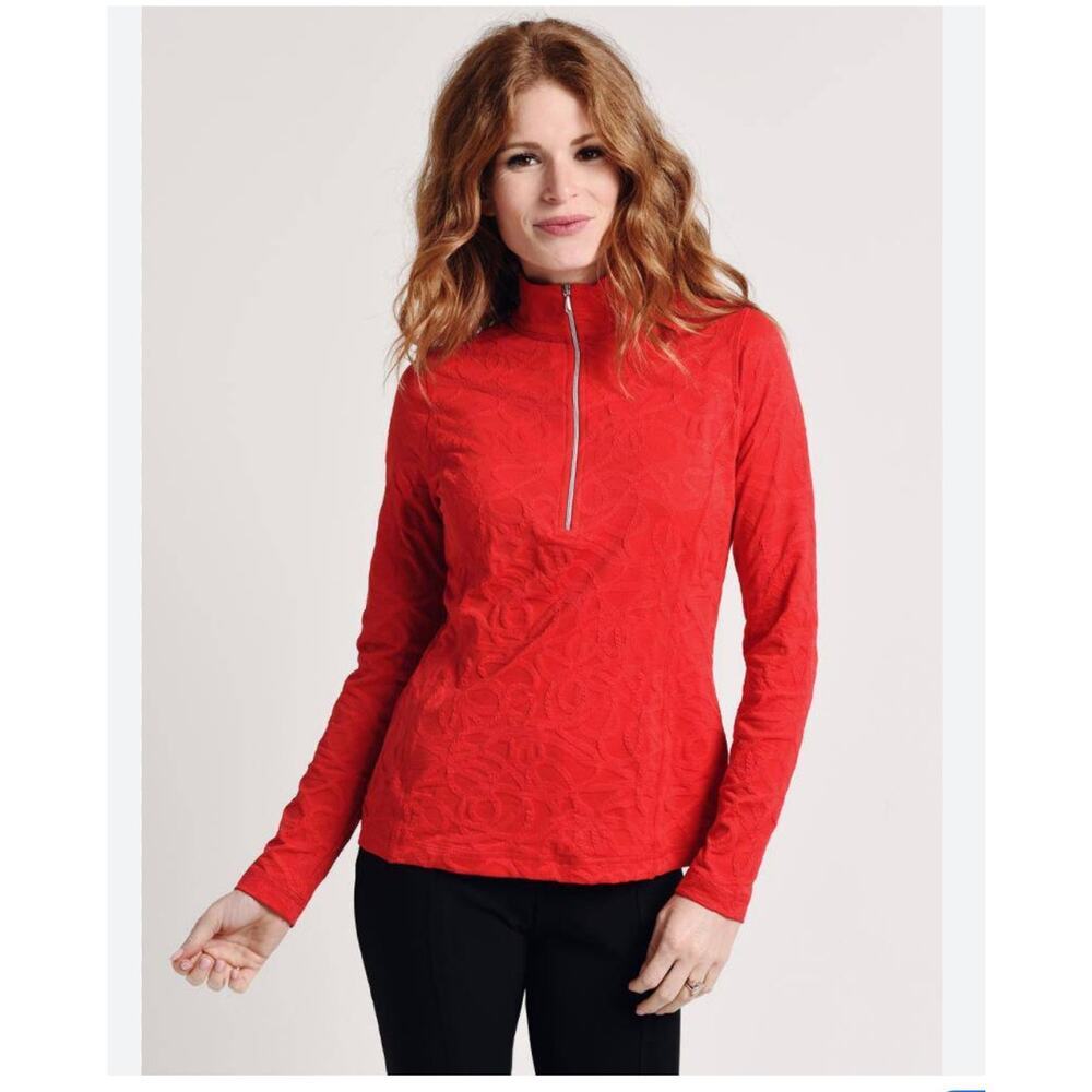 Sno Skins Womens Sport Fabric Braided Jacquard Zip Neck Top Red L Skiing Thermal